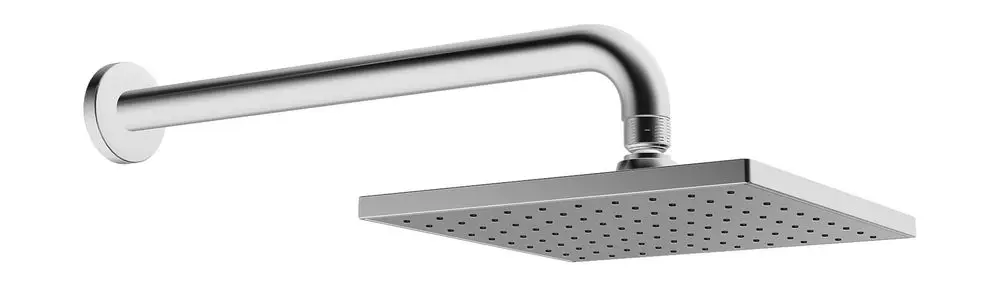 Kopfbaufsatz für Dusche von HANSA mit quadratischem Duschkopf und länglichem Auslauf, montiert an einer Wandhalterung, aus verchromtem Material.